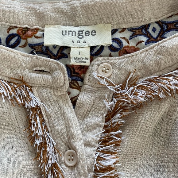 Umgee Cream Button Down Long Sleeve Shirt w/Fringe & Pattern Sz L - Picture 4 of 7
